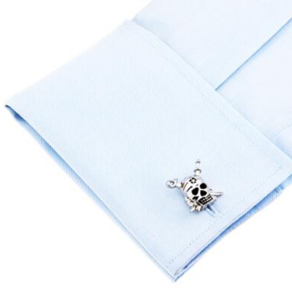 Silver Pirate Skull Cufflinks with Swords - Picture 2 of 16